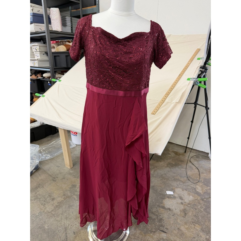 BERYLOVE Burgundy Sequin Lace Chiffon Midi Formal Dress Size L NWT